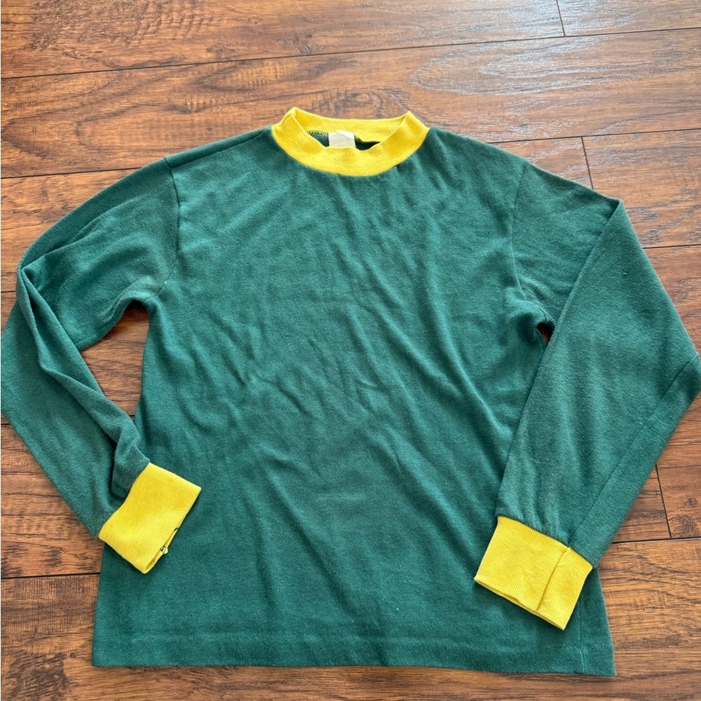 Vintage 90s Green and Yellow Kids Long Sleeve Ringer Baseball Tee | 12-14
